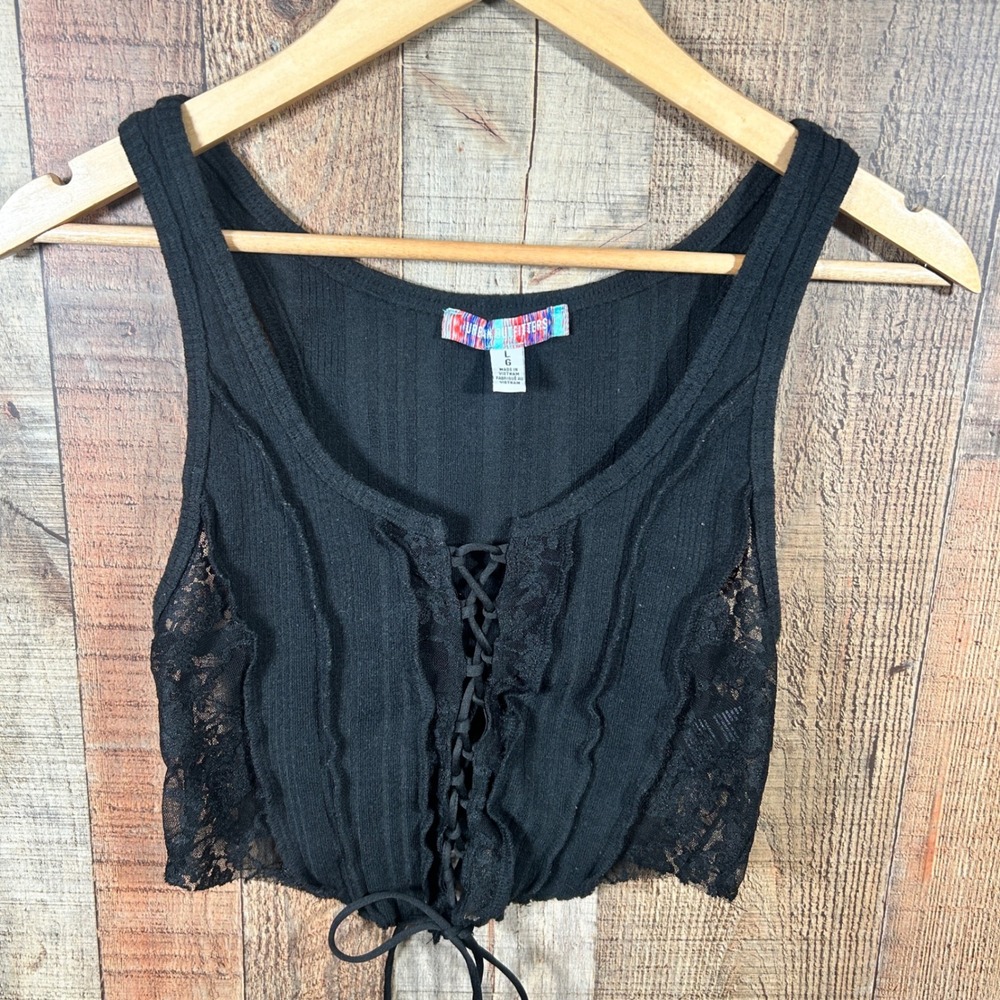 Urban Outfitters Black Lace Up Ribbed Crop Top Corset Tank Large Whmsigoth Y2K